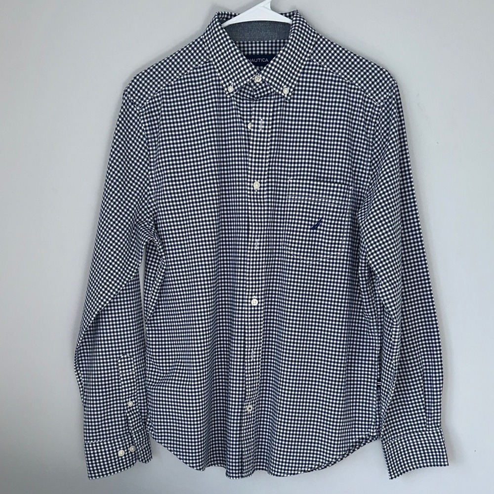 EUC Nautica Men's Blue and White button down checkered shirt